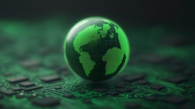 Green Globe on Circuit Board with Digital Texture Background