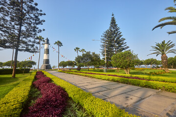 Naklejka premium El Faro La Marina:A Miraflores icon.Standing tall by the Pacific, it watches over breathtaking sunsets and stunning coastal views. A perfect spot where the sea meets the soul.