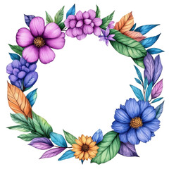 Obraz premium A colorful floral wreath composed of various flowers and leaves arranged in a circular shape.