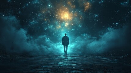 Obraz premium A man is walking through a dark, cloudy sky