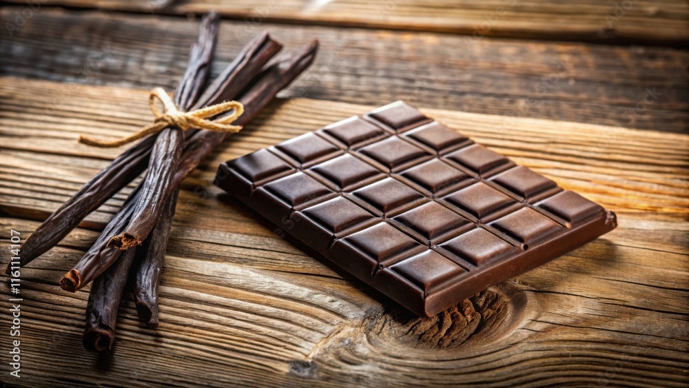 Poster A square of dark chocolate resting on a rustic wooden surface, next to a bundle of fragrant vanilla beans, creating a delicious and aromatic contrast.
