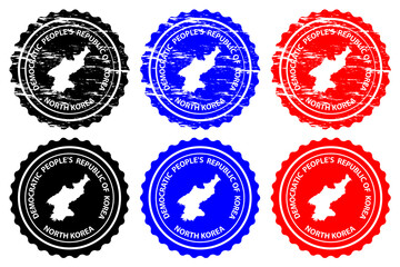 North Korea - rubber stamp - vector, Democratic People's Republic of Korea (DPRK, PRK, DPR Korea, or Korea DPR) map pattern - sticker - black, blue and red