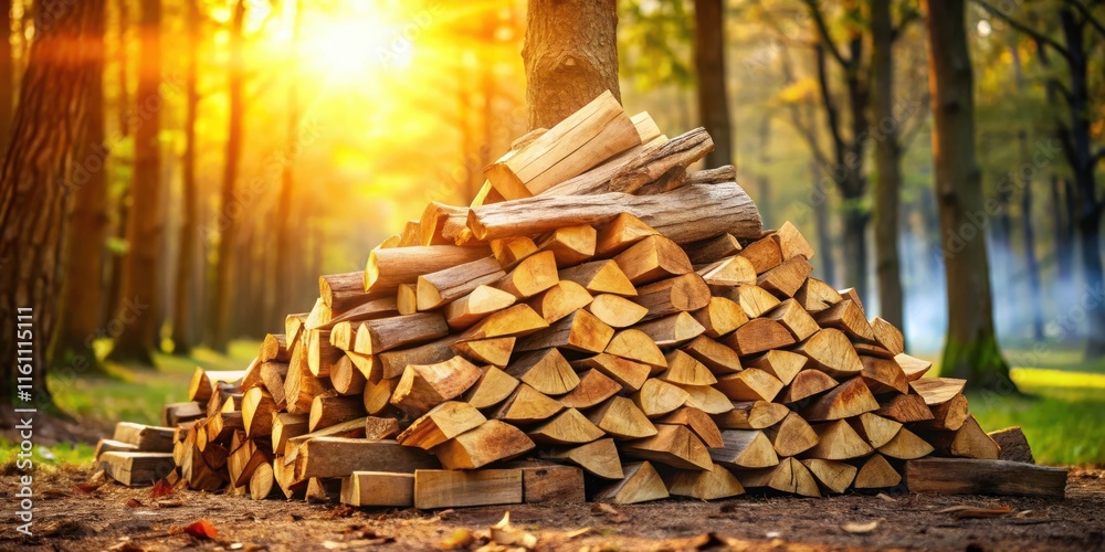 Poster a stack of firewood in the woods, bathed in the warm glow of the setting sun, with a large tree in t