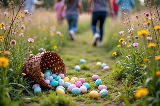 Colorful easter egg hunt in a blooming spring meadow with family fun