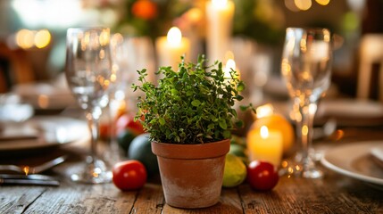 Rustic table setting featuring a small pot of oregano as a centerpiece, surrounded by candles and fresh produce
