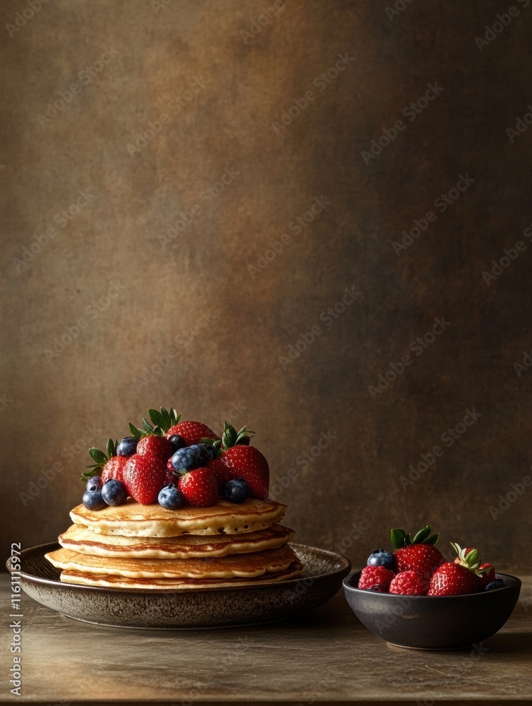 Poster Delicious stack of golden pancakes topped with fresh strawberries and blueberries on a rustic background. Generative AI