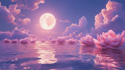 Cosmic dreamscape featuring a glowing alien moon and serene pink lotuses at night