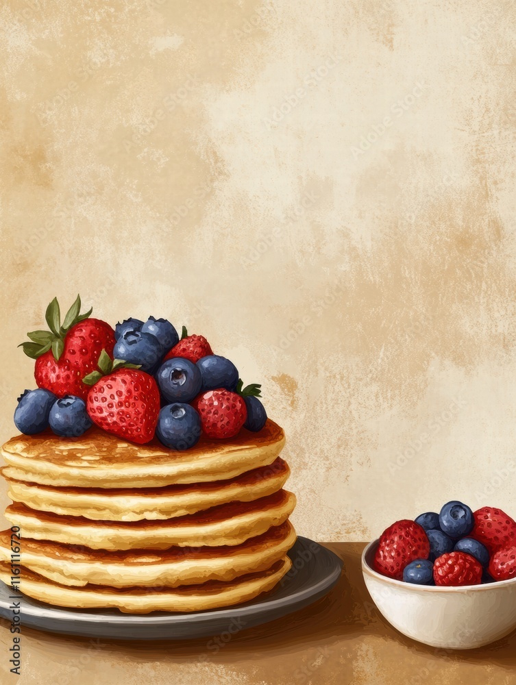 Poster delicious stack of golden pancakes adorned with fresh strawberries and blueberries for a delightful 