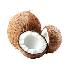Coconut half-sliced and broken coconut on a transparent background.