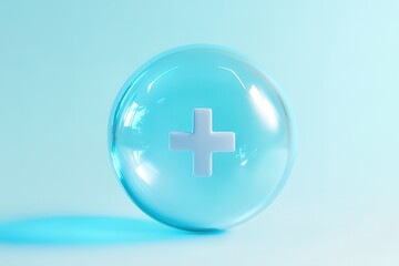 Obraz premium A translucent sphere encases a white plus symbol, set against a light blue backdrop. The image evokes a sense of health and wellness.