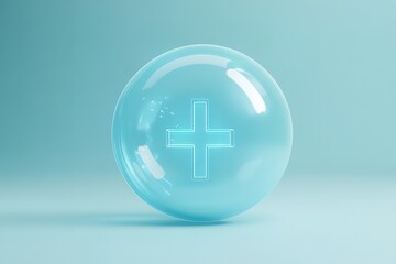 Obraz premium Glowing plus sign inside a transparent sphere. Minimalist design, clean background.
