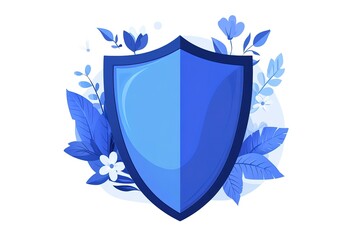 Blue shield surrounded by leaves and flowers.  A symbol of protection and security, perfect for illustrating safety and peace of mind.