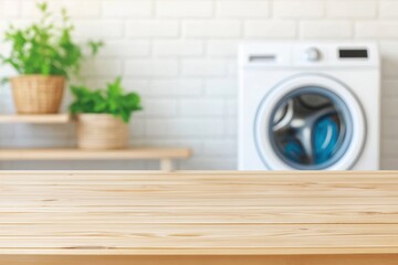 Empty wooden table with blurred washing machine background in laundry room