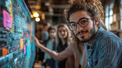 Obraz premium Young professionals engage in collaborative work at a modern office space