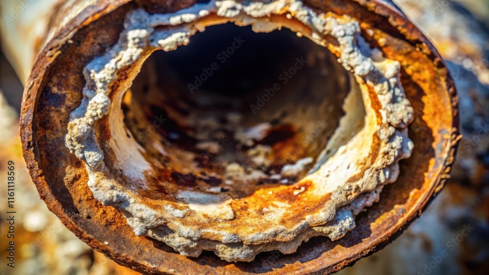 Poster a close-up of an old rusty pipe with a white mineral deposit coating the inside