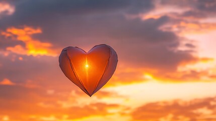 A heart-shaped paper lantern floating in the sky, with soft orange and pink hues of a sunset in the background.