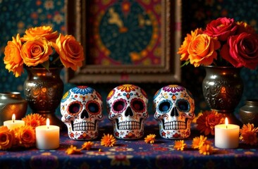 Fototapeta premium A Day of the Dead altar with colorful sugar skulls, marigold flowers, and candles