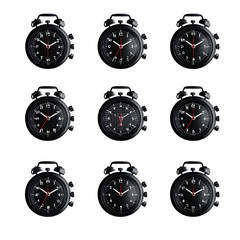 Nine Black Alarm Clocks Displaying Different Times