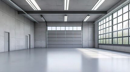Obraz premium Expansive Concrete Garage with High Windows and Empty Floor Space