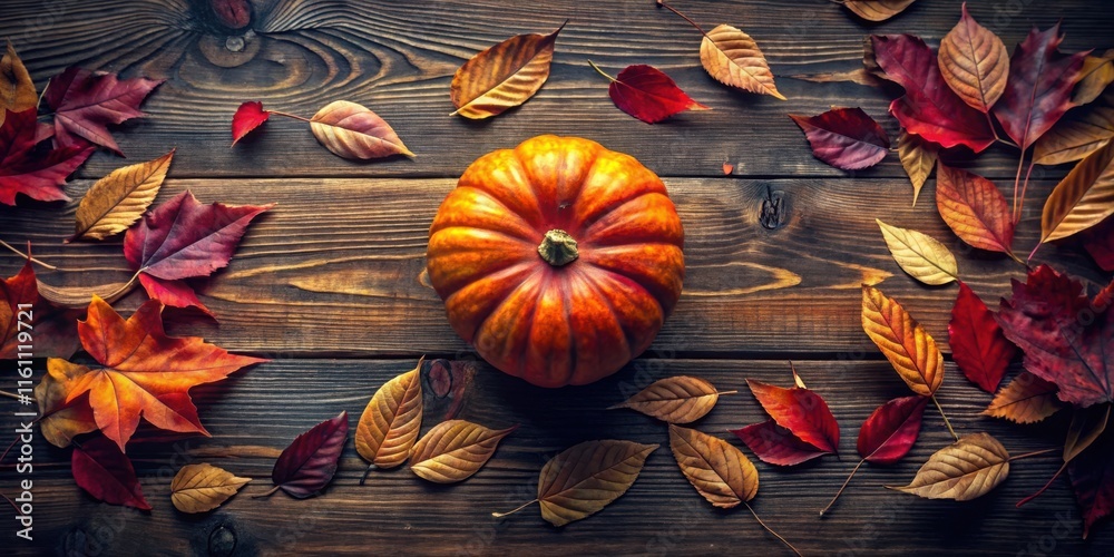 Poster autumnal still life with a single pumpkin and colorful leaves on a rustic wooden background