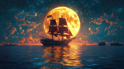Pirate ship sails under a glowing moon in a vibrant night sky