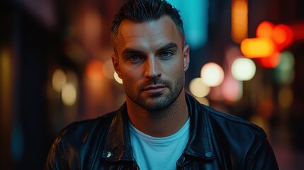 Portrait of a man with short dark hair in a city at night wearing a leather jacket