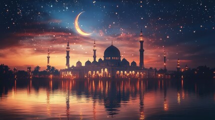 Fototapeta premium Serene Mosque at Dusk Under Starry Sky and Crescent Moon