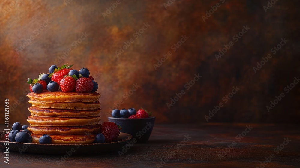 Poster delicious stack of golden pancakes with fresh strawberries and blueberries on a textured background.