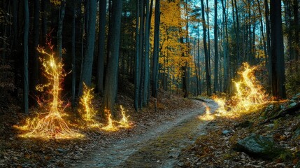 Obraz premium Enchanted autumn forest path with magical fire trees.