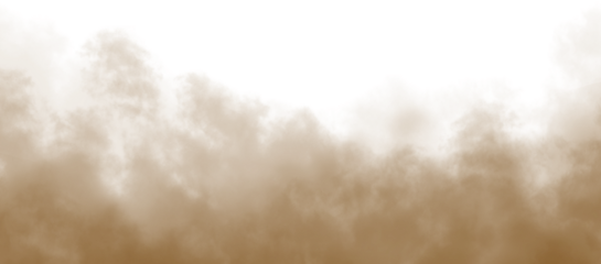 Brown dust sand soil smoke cloud particles isolated on a transparent white background. Sandstorm effect, smog, dust explosion rising, Smoke fog overlay effect. Blurred soil dust. PNG design elements 