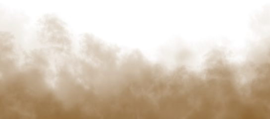 Brown dust sand soil smoke cloud particles isolated on a transparent white background. Sandstorm effect, smog, dust explosion rising, Smoke fog overlay effect. Blurred soil dust. PNG design elements 