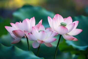 Three delicate pink lotus flowers in full bloom, showcasing their intricate petals and vibrant colors against a soft green background.