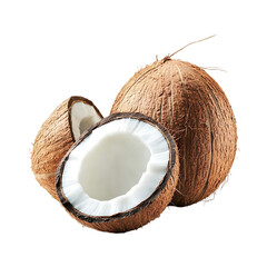 Coconut half-sliced and broken coconut on a transparent background.