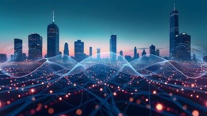 Futuristic Smart Cityscape at Dusk, Interconnected Buildings, Sleek Skyscrapers, and Glowing Network Lines