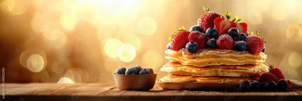 Poster delicious stack of golden pancakes topped with fresh strawberries and blueberries for a delightful b