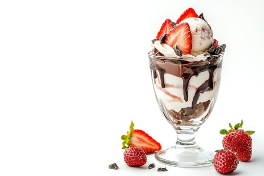 Delicious strawberry dessert with chocolate and ice cream in a glass. Fresh strawberries and chocolate shavings complete this sweet treat. - Powered by Adobe