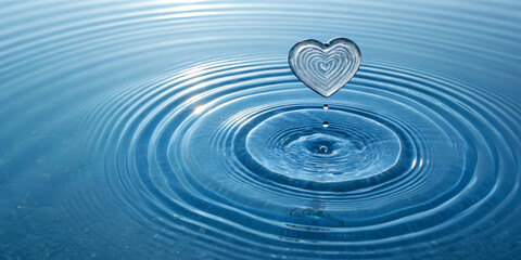 A heart-shaped water droplet creates ripples as it descends towards a pond, reflecting the sunlight. The concentric circles spread outward, evoking a sense of calm and serenity. AI generated.