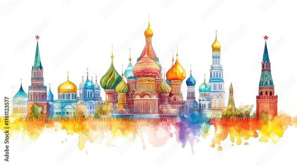 Wall mural Colorful Watercolor Illustration of Famous Landmarks in Russia