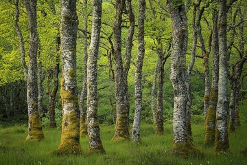 Obraz premium Moss-covered trees in a lush green forest, sunlight dappling through leaves.