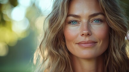 Fototapeta premium Woman with blonde hair and blue eyes smiling in a natural outdoor setting during daylight