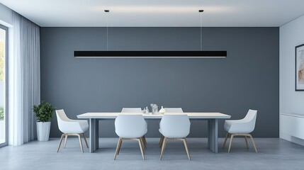 A contemporary dining room with gray walls, white furniture, and a linear black pendant light