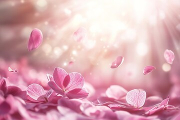 Fototapeta premium Delicate pink petals falling gently, creating a dreamy, romantic atmosphere.