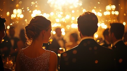 Elegant New Year's party celebration with guests in formal attire enjoying a festive atmosphere