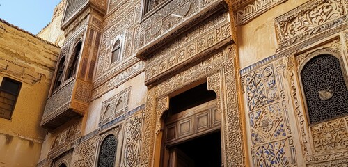 Pottery tiles decorate the exterior of a building, creating an intricate, decorative look.