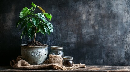 A coffee tree sapling in a weathered ceramic pot, surrounded by vintage coffee jars and burlap fabric