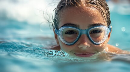 Naklejka premium Young girl smiling while swimming in a pool during sunny weather