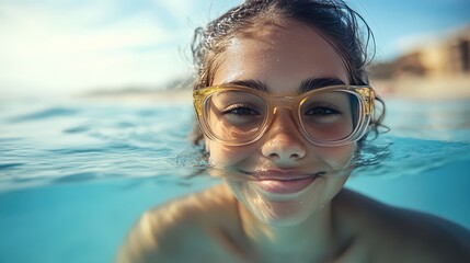 Fototapeta premium Girl smiling underwater in clear blue ocean, enjoying sunny day at beach