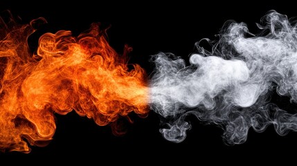 Fototapeta premium Fiery orange flames meet white smoke on black.