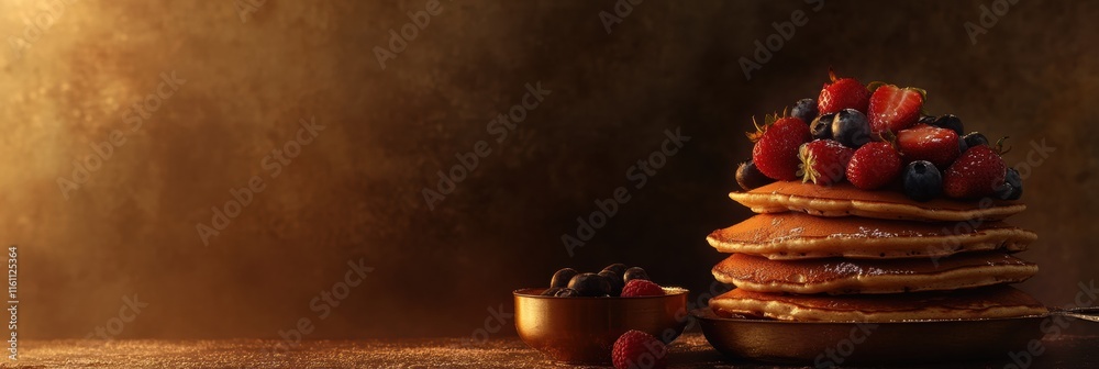 Poster golden pancakes stacked high with fresh strawberries and blueberries for a delightful breakfast or b