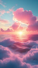 Dreamlike Pink Sunset over Ocean Waves and Clouds